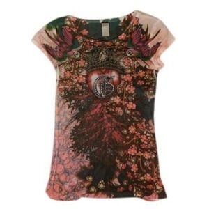 Guess Embellished Graphic T-Shirt Women's Pink Black Floral Birds Crown Size M
